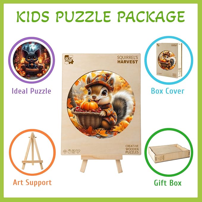 Fall Wooden Puzzles for Kids - Squirrel Harvest | 50 Piece Puzzles for Kids Ages 4-6 - Kids Puzzle with Unique Animal Shapes - Round Puzzles for Boys and Girls (11.4 * 11.4in)