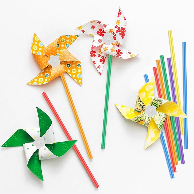 Poen 48 Pcs DIY Pinwheels for Kids Bulk, Blank White Paper Craft 5 in | Color Your Own Windmills Activity, Patriotic Summer Party Favors for Kids, VBS Sunday School Classroom Art Project Supplies