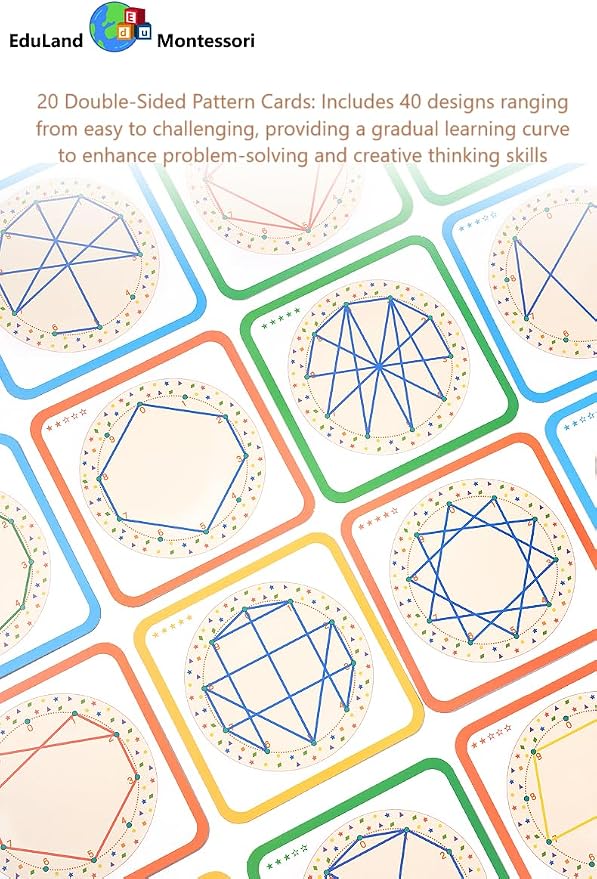 EduLand Montessori Wooden Peg Board Winding Patterns Game - Learning & Development Toy - 3+ Years - Includes 4 Colors Wool, 20 Pattern Cards, Wooden Pegboard