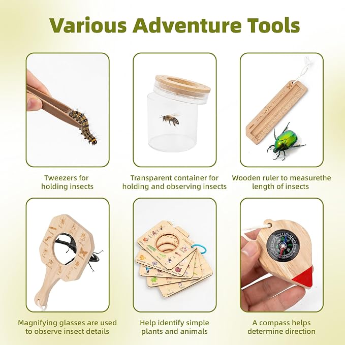 11Pcs Wooden Bug Catcher for Kids, Outdoor Explorer Bug Catching Kit | Butterfly Net for Kids with Bug Habitat, Magnifying Glass & STEM Guide, Adventure Set for Backyard & Camping 3+ Years