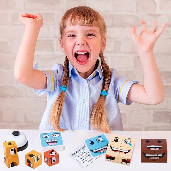 Face Changing Magic Cube Game, Wooden Expression Puzzle Block Games, Fine Motor Skills Board Games for Kids & Adults with Bell