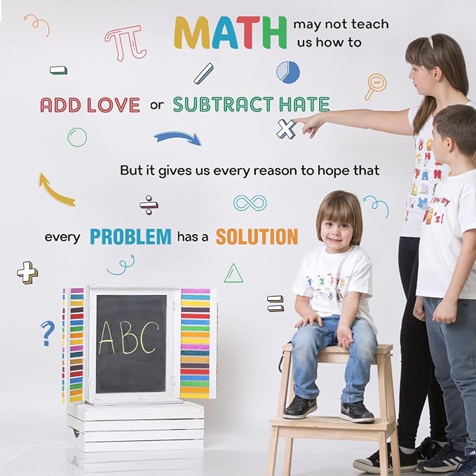LHIUEM 62pcs Math Wall Stickers Colorful Mathematics Wall Decals Peel and Stick Math Symbols Pattern Kids Stickers Gift Motivational Quotes Wallpapers Problem Solution Sticker for Classroom Nursery