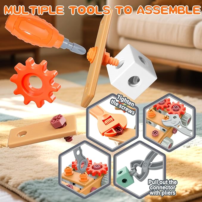 VEAIS Kids Tool Set,135Pcs Tool Set with Toolbox,Educational Montessori Toys,STEM Pretend Play Construction Toys for 3 4 5 Year Old,ABS Plastic Repair Toolkit for 3-6 Year Old Boy,Best Birthday Gift