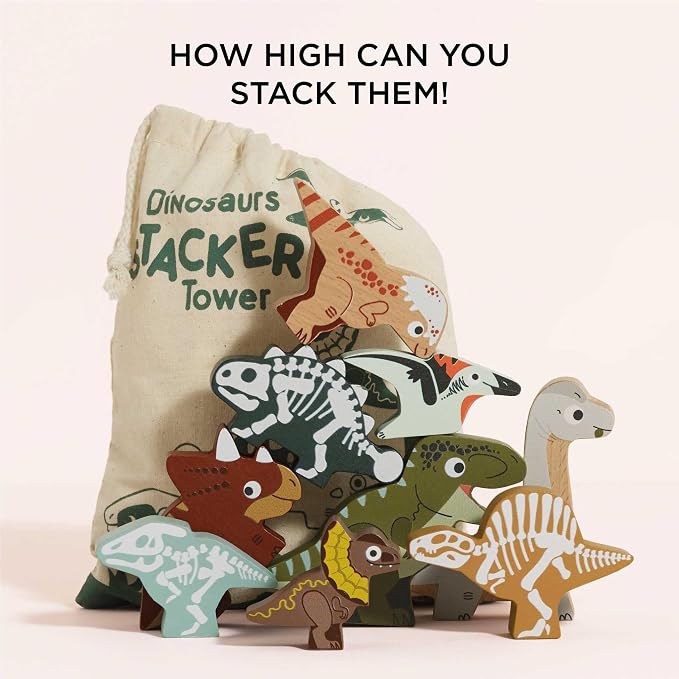 Le Toy Van Wooden Jurassic Stacking Dinosaurs & Bag, 18m+