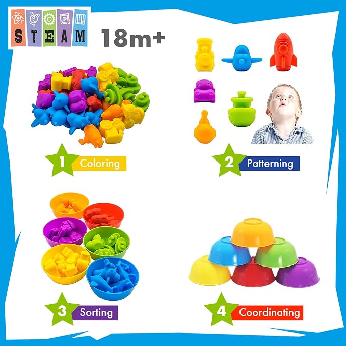 UNIQUE KIDS Counting Educational Learning Toy Set with Sorting Cups – Fun Color Classification and Math Training Game for Toddlers and Preschoolers Ages 3 and Up