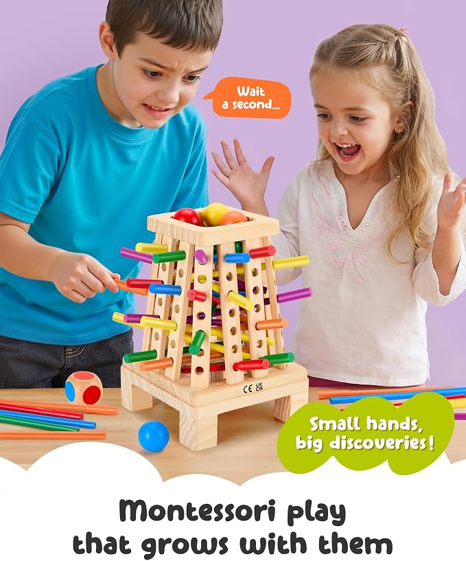 Montessori Wooden Board Game, 36 Colorful Sticks Board Games for Kids 4-6, Fine Motor Skills Toy Math Learning Montessori Toys for 3 4 5 6 Year Olds, Wooden Stick Game Family Games, Gift Boys Girls