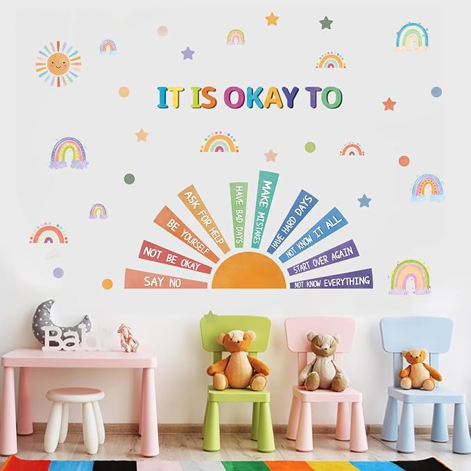 LHIUEM Positive Self-Affirmations Wall Decals Cute Mental Health Wall Decor | It Is Okay To Wall Stickers Colorful Sun Rainbow Window Clings Positive Psychology Quotes Decor for Kids Nursery Bedroom
