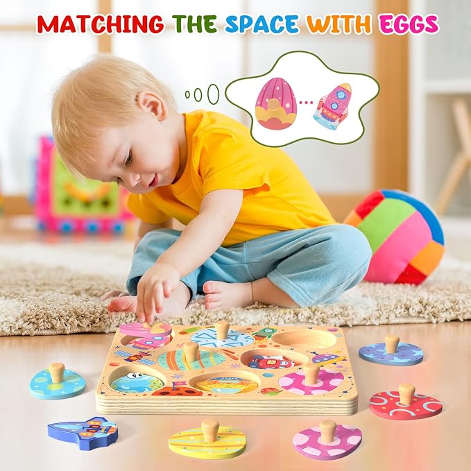 Zeoddler Wooden Puzzles for Toddlers, 8 Pcs Space Matching Egg Puzzle, Solar System for Kids, Montessori Toys for Boy Girl Easter Birthday Gifts, Educational Toys for Boys, Girls