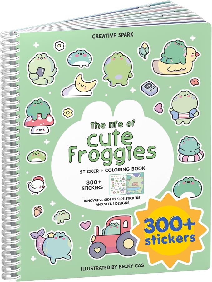 Cupkin Cute Frogs Coloring & Sticker Activity Book | 300+ Stickers | Spiral-bound kids craft format with 8 scenes, 8 art pages, side-by-side viewing, and an easy-peel design for ages 2–8
