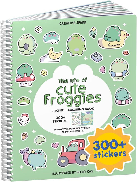 Cupkin Cute Frogs Coloring & Sticker Activity Book | 300+ Stickers | Spiral-bound kids craft format with 8 scenes, 8 art pages, side-by-side viewing, and an easy-peel design for ages 2–8