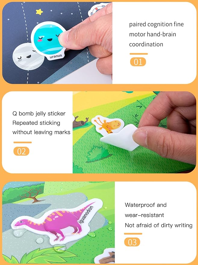 Jelly Reusable Sticker Books, Portable Travel Toys Sticker Activity Book for Kids 3+ Year Old Girls Boys, Animal Insect Sea Ocean Space
