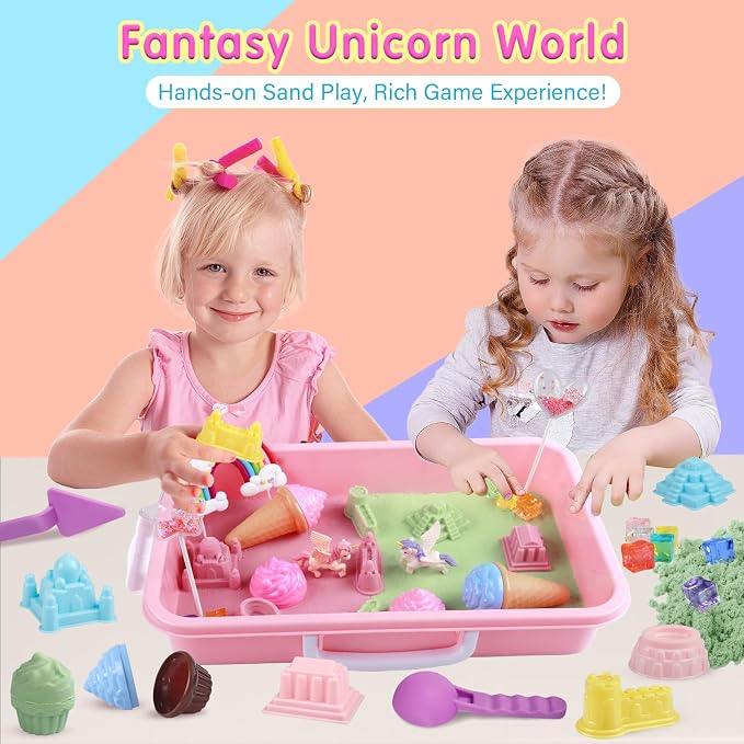 Aliex Unicorn Sensory Sand Bin for Girls, Complete Moldable Play Sand Kit | 2.2lbs colorful magic sand, castle ice cream molds, tools for creative play, sandbox with lid, birthday gifts for toddler 3-8