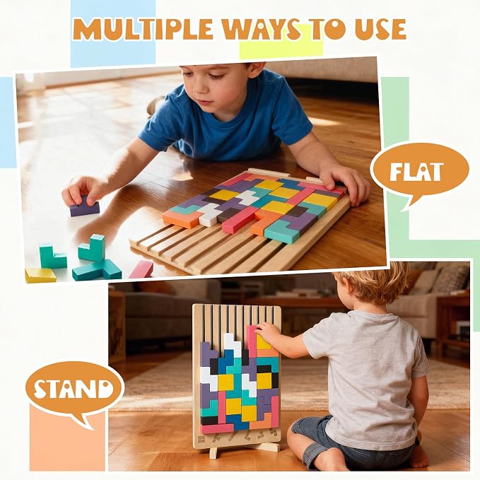 BSADIY Montessori Brain Blocks Wooden Stacking Puzzle Toy for 3-6 Year Old | Educational Montessori Toys for Kids, Colored 3D Russian Block Stacking Jigsaw Tetris Puzzle, Giant Building Block Board Game