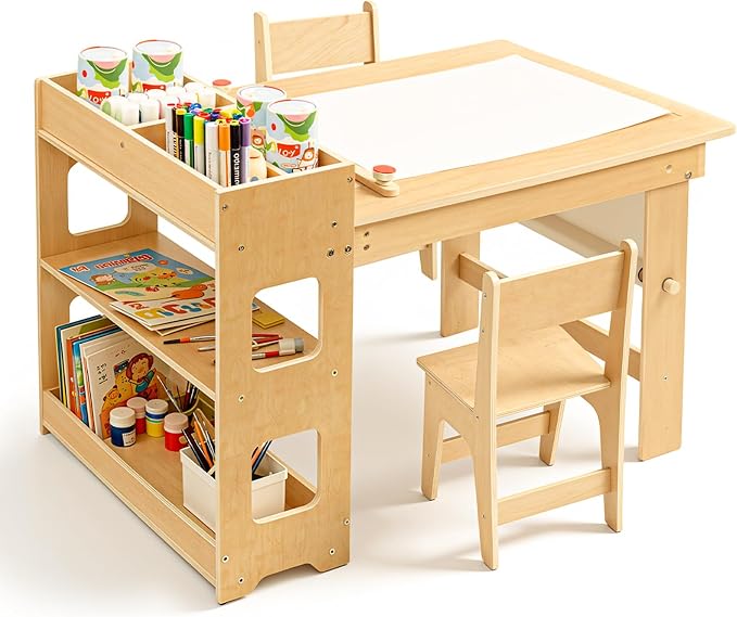 5-in-1 Kids Art Table and Chairs, Toddler Table and 2 Chairs Set FSC | Wooden Kids Craft Table with Storage Cabinet, Art Desk Activity Sensory Table with Paper Holder for Playroom Ages 2-12 Gifts