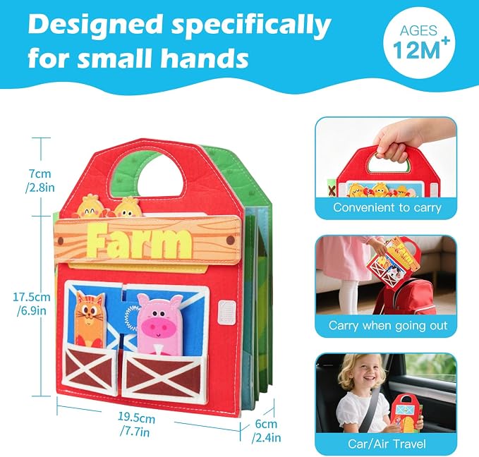 Farm Animals Busy Book for Toddlers 1-3,Montessori Toys 1 Year Old Busy Board,Felt Activity Quiet Book,1 Year Old Toddlers Gifts, Travel Toys for Toddlers 2-4, Children's Birthday
