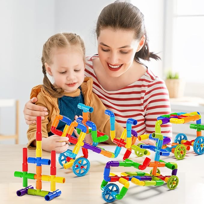burgkidz STEM Tube Building Set: 188 Pcs Build Cars w/Wheels & Tub | Build cars, planes, houses & more: 162 tubes, 24 wheels, 2 baseplates. Compatible w/ major brands. Guide & tub included