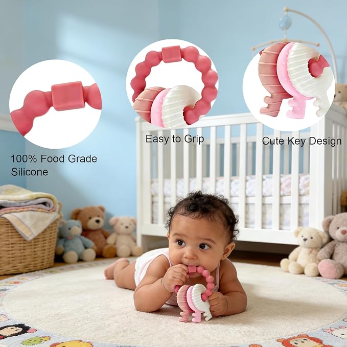 YAPROMO Baby Teething Keys - Soft Silicone Keys Teether, Cute Chew Toys for 3-18 Months Infants & Toddlers, Perfect for Baby Girls, BPA Free