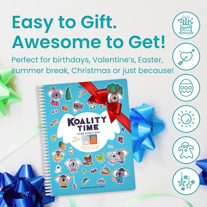 Cupkin Koality Time Cute Koala Coloring & Sticker Book | 300+ Stickers | Spiral-bound kids craft format with 8 scenes, 8 art pages, side-by-side viewing, and an easy-peel design for ages 2–8