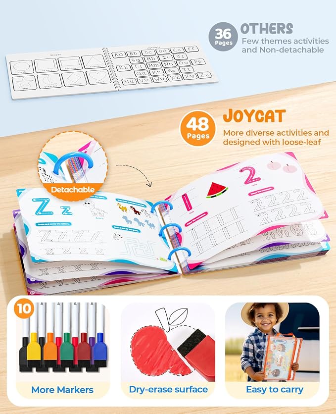 JoyCat Preschool Learning Activities 48 Reusable Pages for 3-8 | Handwriting Practice for Kids Toddlers, Tracing Letter Number Workbooks, Educational Autism Busy Book, Learning Gift Toys