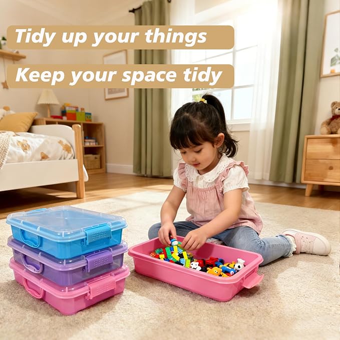 4 Qt (3.8L) Sensory Bin With Lid - 3 Pack, Stackable Storage Sensory Bins with Lids, Portable Sandbox, Organizers Sand, Arts, Crafts, (Blue, Purple, Pink)