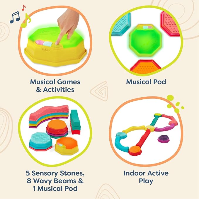 B. toys Balance Beam Set, Musical Wavy Beams & Sensory Stones | Balance & Groove Set with 8 wavy beams, 5 sensory stones, and 1 musical stepping stone for indoor or outdoor play, 3+ Years