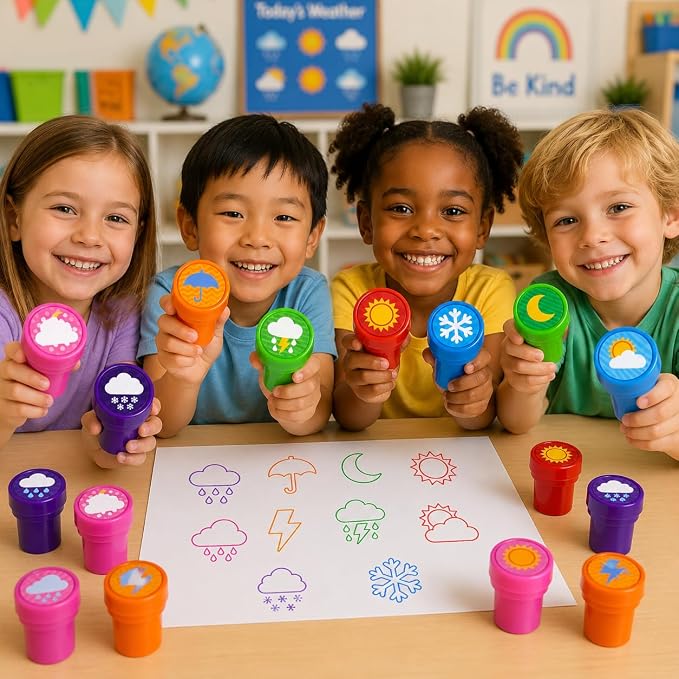 Cinrobiye 24 Pcs Weather Stampers Party Favor Set, Cute Weather Symbols Stamps for Kids Birthday Party, Classroom Rewards, Educational Learning Toys, Goody Bag Fillers