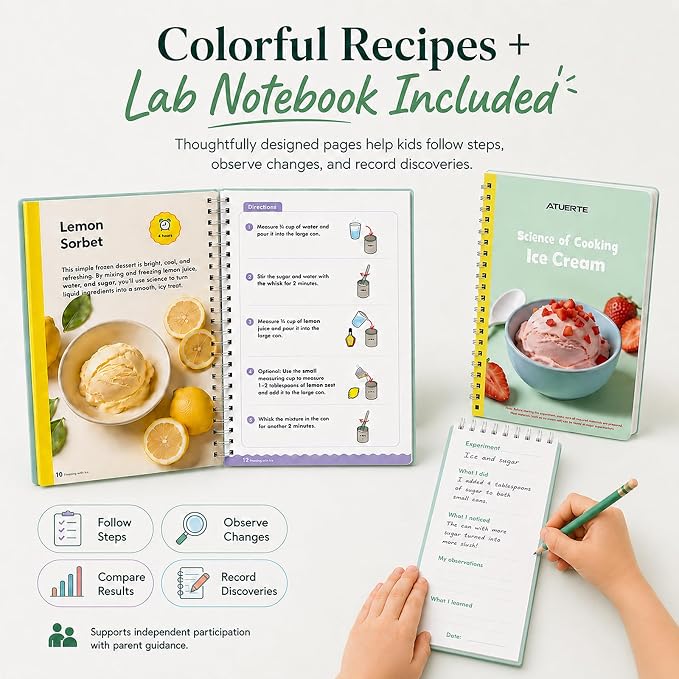 Ice Cream Science Kits for Kids, Make Real Ice Cream Sorbet and Frozen Treats, Ice Cream STEM Set for Kids, Science Experiment Kit with Visual Recipe and Lab Notebook, Gift for Ages 5+