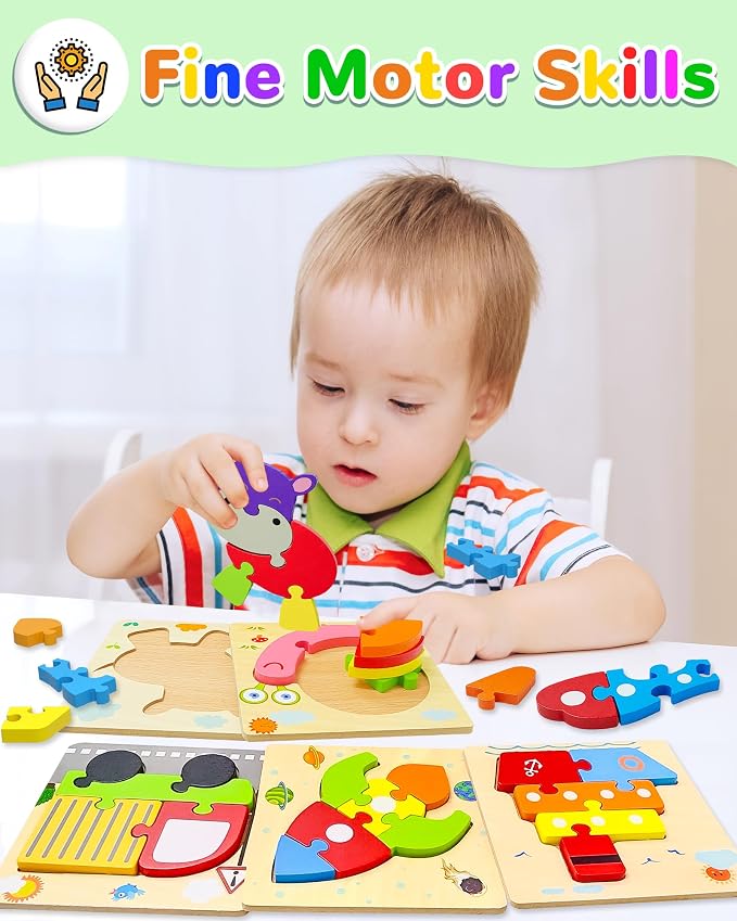 Wooden Toddler Puzzles Gifts Montessori Toys for 1 2 3 Years Old Boys Girls | 8 Vehicle Shape Puzzles, Boy Birthday Gift, Montessori Toys Educational Blocks for Toddlers 1-3, 2-4, Baby Learning Toys
