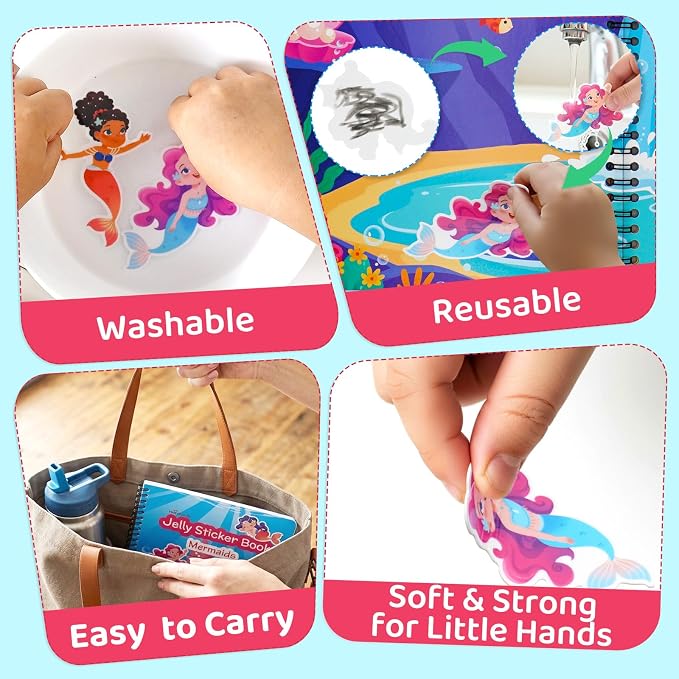 Reusable Sticker Book for Girls - Mermaid Princess Dress Up, 75 Stickers | 75 Washable Jelly Stickers, 7 Play Scenes, Mermaid Travel & Road Trip Toys, Sticker Activity Book for Toddler 1-3 & 2-4
