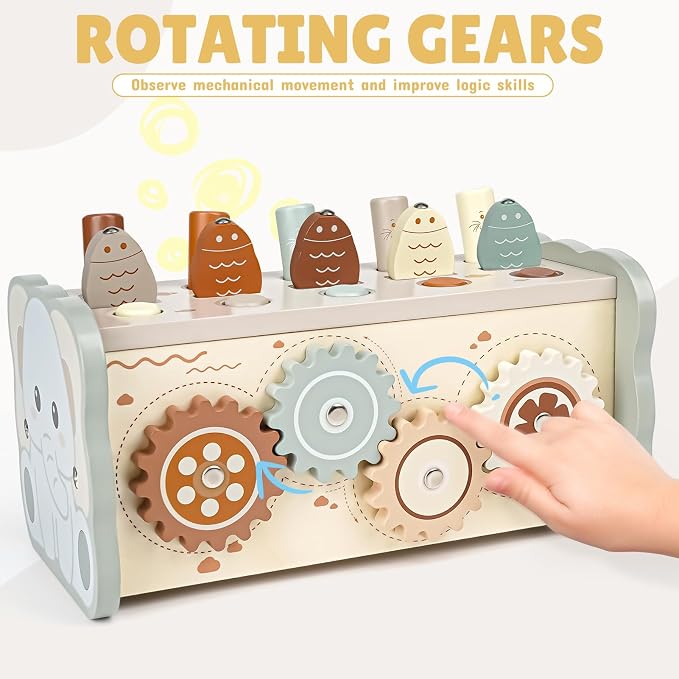 Joyreal Wooden Montessori Toys for 1 Year Old Hammering Pounding Toys | Xylophone, Fishing Game, Gears, Educational Toddler Activities, Christmas Birthday Gifts for 1 2 3 Year Old, Neutral Color