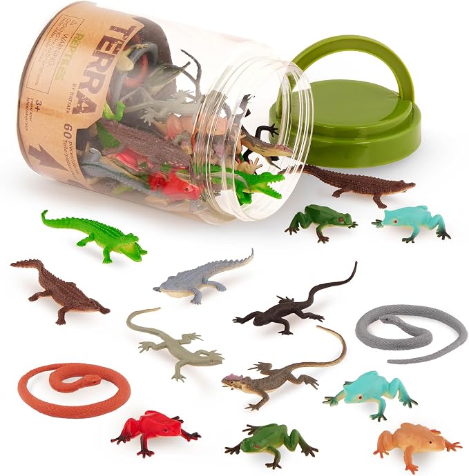 Terra by Battat Reptile Animal Tube, 60 Plastic Animal Figurines, Reptiles | Portable tube with 60 reptile and amphibian animal figures, including frogs, snakes, lizards and alligators, Tubes, 3+ Years