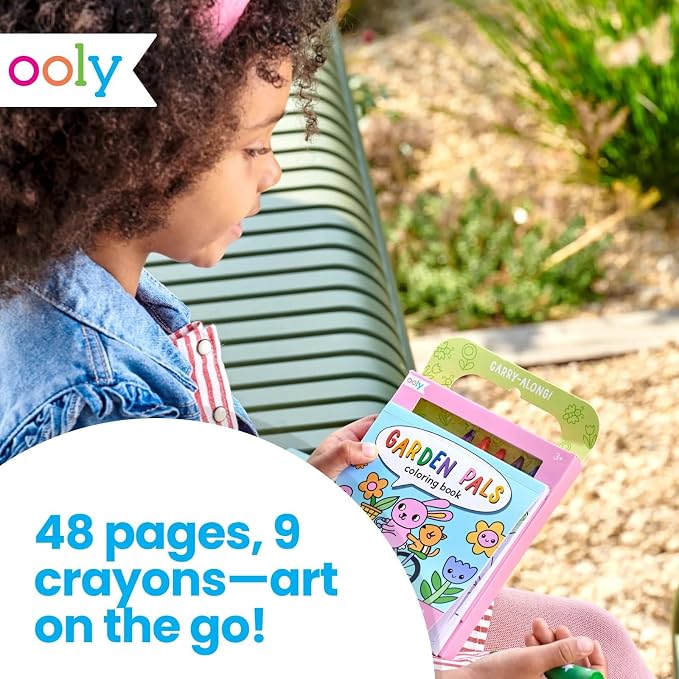 Ooly Kids Coloring Book 9 Jumbo Crayon Kit - Garden Pals | Ages 3+, Easy Grip, Handle Carry, Great for Car and Airplane Travel, Fun Gift