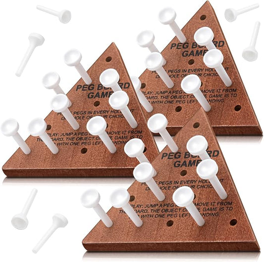 Zhanmai 3 Sets Wooden Triangle Peg Travel Game, White Peg Dark Brown Board