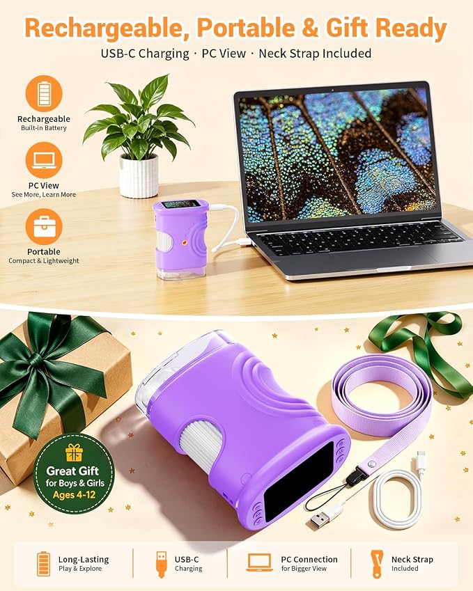 1000X Digital Handheld Microscope for Kids Portable Outdoor Toys & Gifts | 2.0" IPS Screen Magnifier, STEM Science Lab Magnifying Glass, Photo&Video Pocket Edu Toy for Boys & Girls Age 4-12, Purple