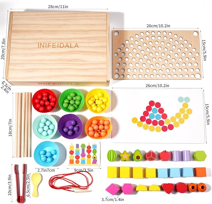 INIFEIDALA Montessori Toys for 3 4 5 Year Old,Gifts for Toddlers | Stacking Blocks, Lacing Beads & Shape Stacker, Wooden Beads Sequencing Toy Set, Fine Motor Skills & STEM Preschool Learning