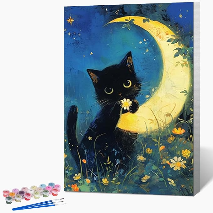 Fountor Black Cat Framed Paint by Numbers Kit for Adults Beginner 8x12 Inch | For Adults & Kids Ages 8-12, DIY Acrylic Painting, Moon Paint by Number with frame, Stress Relief Home Wall Decor Gifts