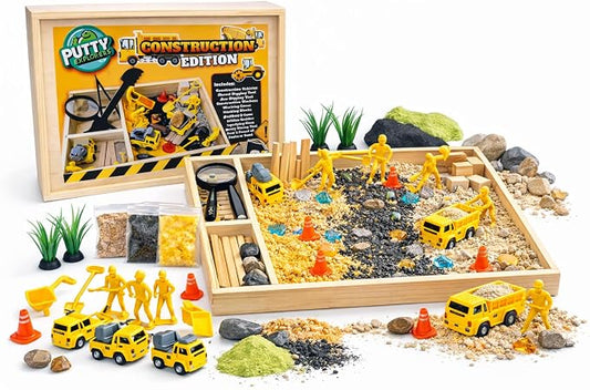 Construction Sensory Bin for Kids - DIY Jr Putty Explorers Wooden Sensory Play Kit with Play Sand, Trucks, Tools & Gems - Montessori STEM Fine Motor Toy for Toddlers & Preschool Boys 3+