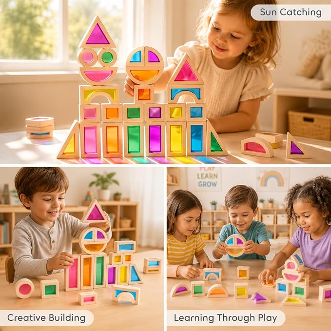 Rainbow Acrylic Blocks, 25 PCS Translucent Light Table Building Set | Montessori Sensory Toys Translucent Colorful Stacking Blocks STEM Learning Educational Toys for Toddlers Preschool Boys Girls