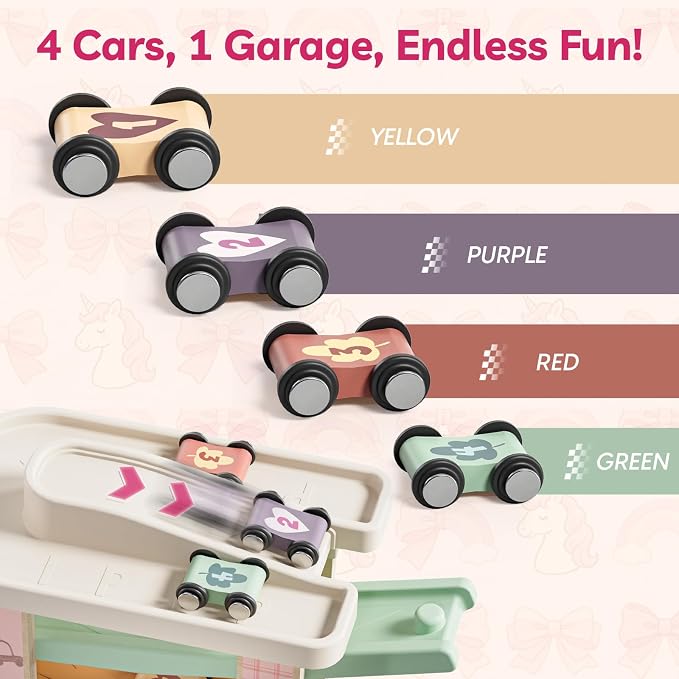 TOP BRIGHT Toddler Toys for 1 Year Old Girl Gifts, Wooden Car Ramp Toys | Includes 4 Cars & Garage, Wooden Ramp Develops Motor Skills, Montessori Learning Toy for Girls 1-3 Years