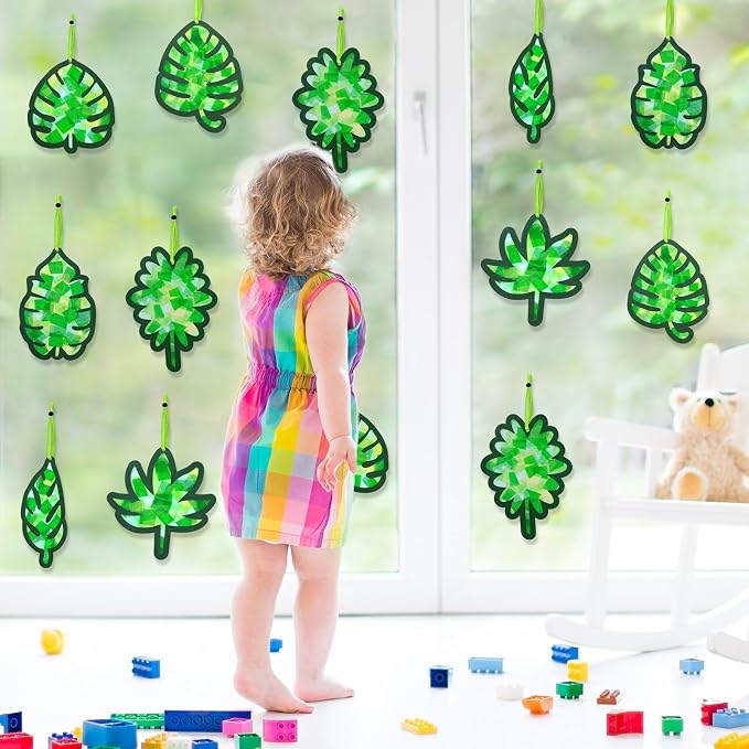 Qyeahkj 36 Set Palm Sunday Suncatchers Crafts for DIY Easter Palm Leaves Window Tissue Paper Crafts Kit Green Leaf Hanging Decor for Spring Home Activity Art Project Party Favor Gift