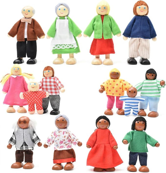 14 Pcs Wooden Dollhouse People Figures, Poseable Wooden Dolls for Girls and Toddlers, Multicultural Pretend Play Toy