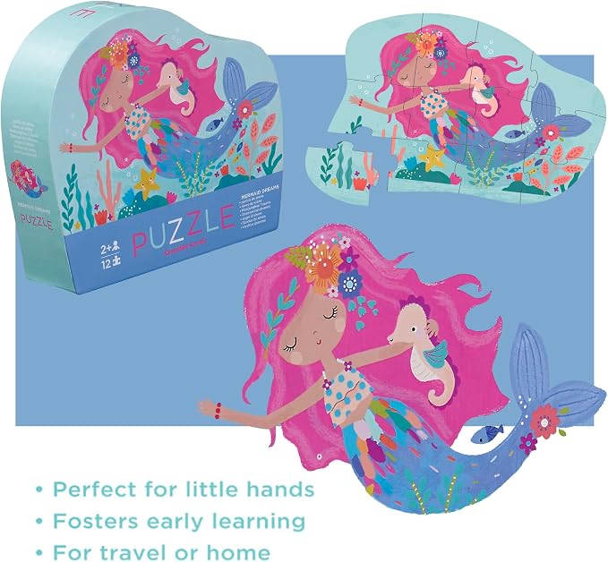 Crocodile Creek 12-Piece Mini Jigsaw Puzzle - Fun Floor Puzzles for Kids Ages 2-4 and Up - Heavy-Duty Shaped Box for Storage - Mermaid Dreams - 12" x 9" Finished
