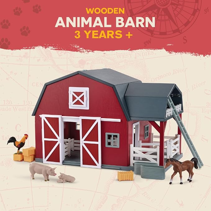 Terra by Battat – 20 Pieces Wooden Animal Barn Toy Set – Farm Animals & Play Fence – Pretend Play for Toddlers & 3+ Years – Educational Toys – Farmhouse Playset | Wooden farm toy set with 1 barn, 10 fences, ladder, 4 hay bales, 2 troughs, pulley tray a...