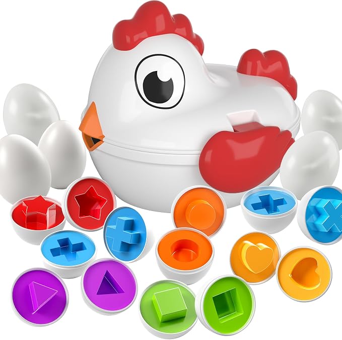 TEMI Toddler Chicken Easter Eggs - Color Matched Game Shape Sorter | with 6 Toy Eggs for Kids 3-5, Fine Motor Skills Sensory Toys, Educational Gifts for 3-6 Girls Boys Baby