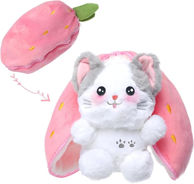 MIAODAM Strawberry Cat Plush Stuffed Animal, Cute Reversible Plush Toy | Funny Transformable Cat Plushies Toy in A Strawberry Stuffie for Kid (7.8inch)