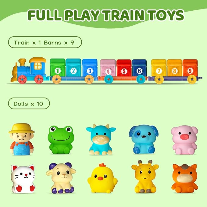 Toddler Learning Toys for 1 2 3 Year Old, Counting Matching & Sorting Montessori Train Set with 9 Farm Animals Finger Puppets, Birthday Gift for Baby Boys Girls