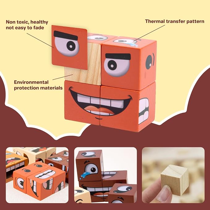 Face Changing Magic Cube Game, Wooden Expression Puzzle Block Games, Fine Motor Skills Board Games for Kids & Adults with Bell