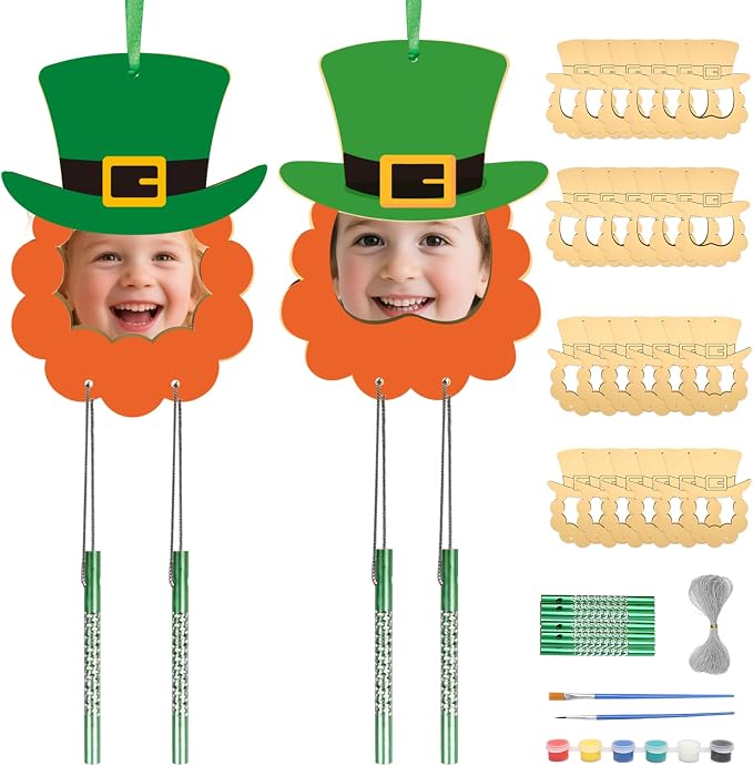 Fennoral 24 Pack St Patrick's Picture Frame Wind Chime Craft Kit for Kids Make You Own Patrick's Day Craft Kit Wooden DIY Coloring Art and Craft for Irish Classroom Art Activity Patrick's Decoration