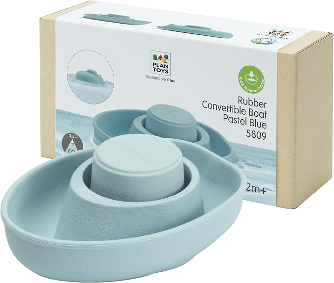 PlanToys® Pastel Blue Rubber Convertible Boat Water & Bath Play Toy Kids | pastel blue rubber convertible boat, montessori water bath play, cause effect imagination exploration, floating toy, toddlers