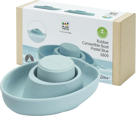 PlanToys® Pastel Blue Rubber Convertible Boat Water & Bath Play Toy Kids | pastel blue rubber convertible boat, montessori water bath play, cause effect imagination exploration, floating toy, toddlers
